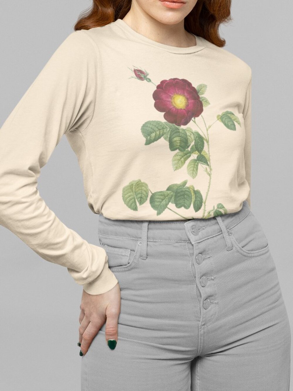 Simple-Flowered French Rose Floral Print Long Sleeve Graphic Tee T-shirt S-XXL